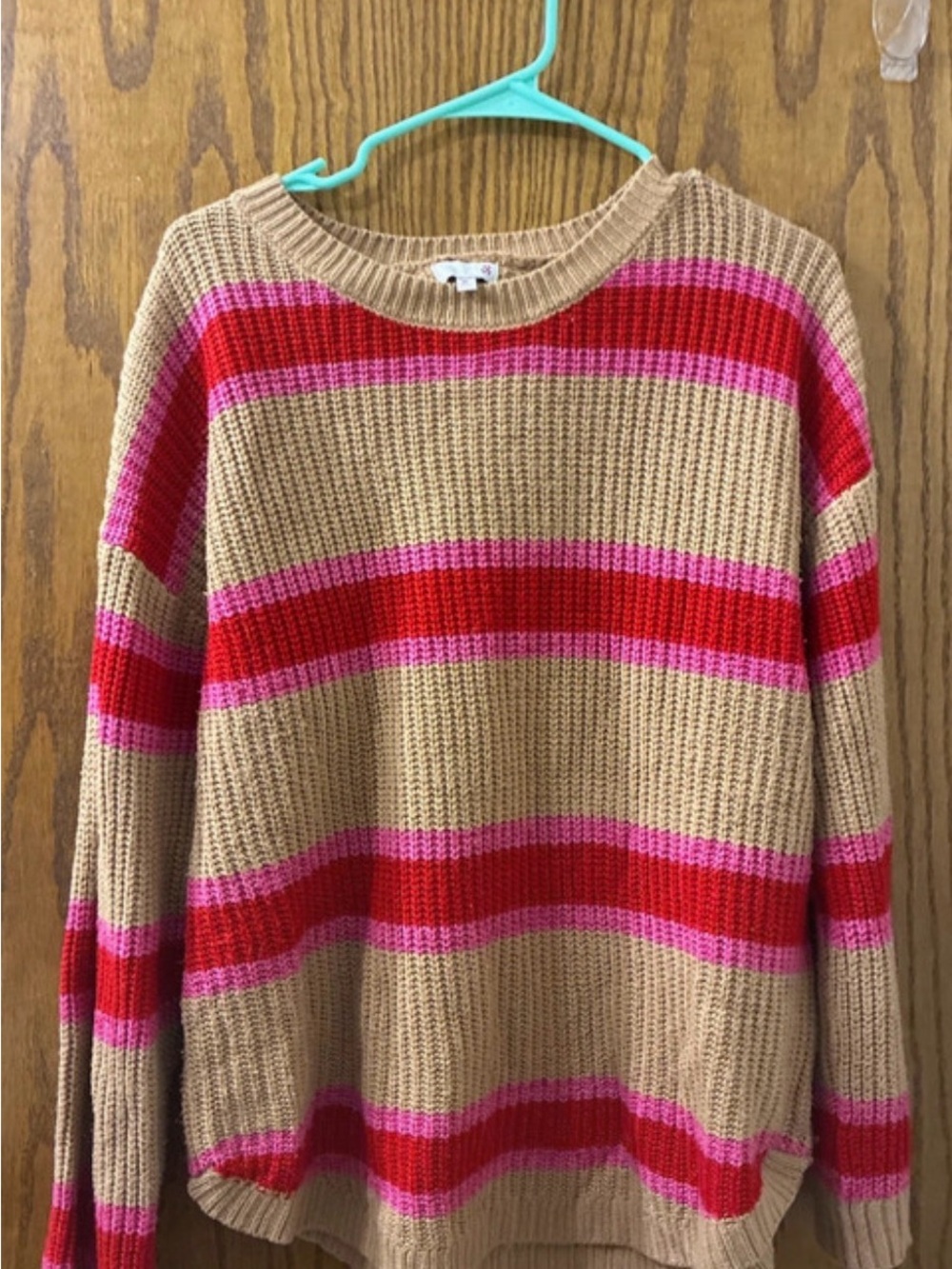 SO Beige Sweater with Pink and Red Stripes